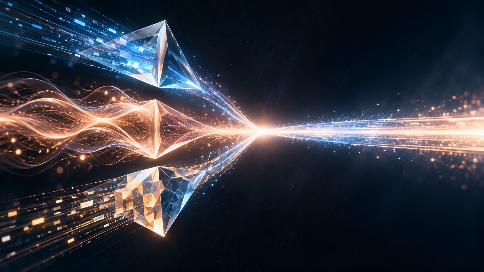 Three abstract prisms merging into one light channel, representing three search providers unified through a gateway.