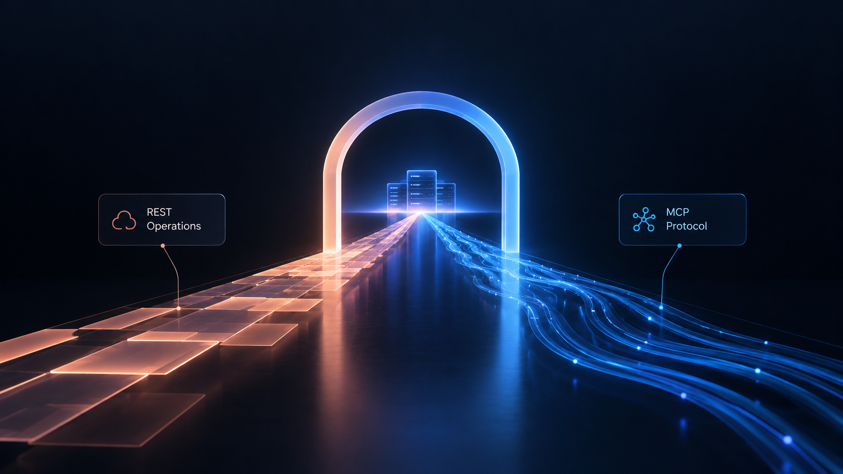 One gateway archway dividing into two parallel paths labeled REST and MCP that rejoin at a shared backend horizon