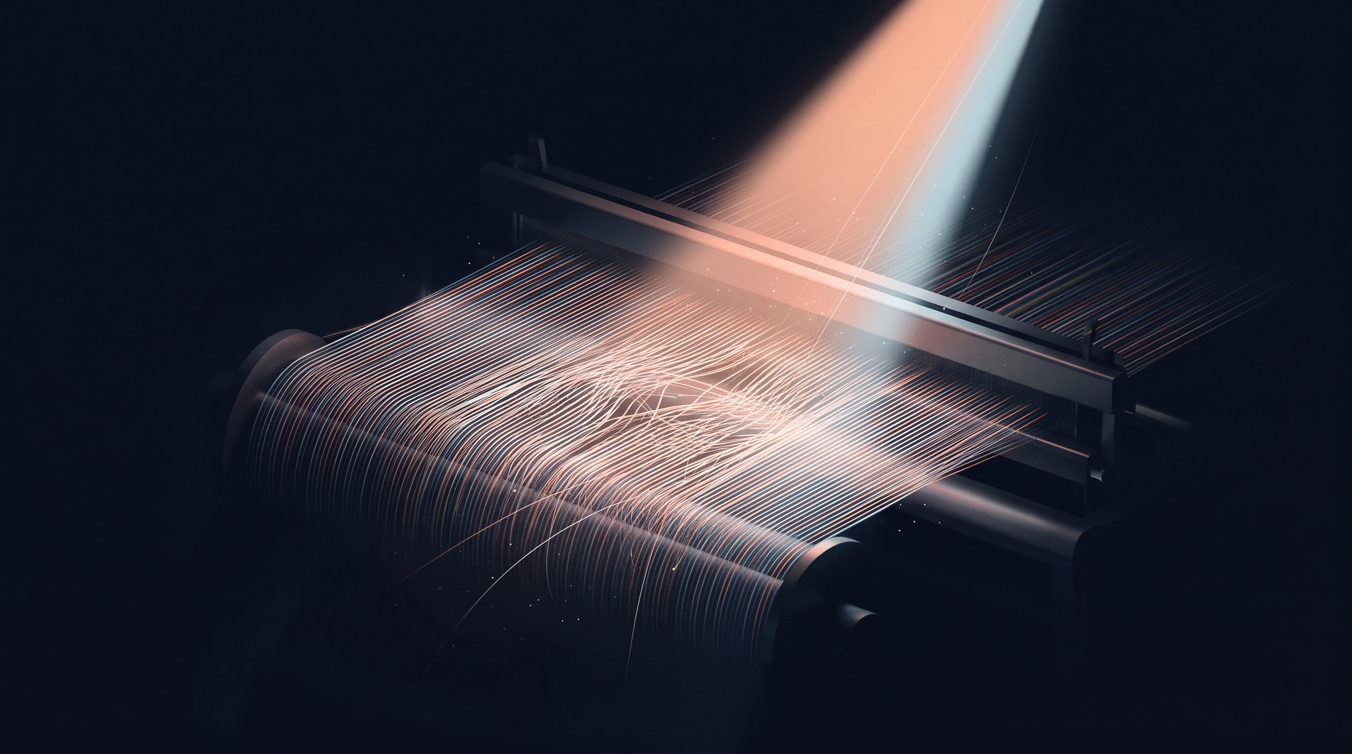 High-speed loom weaving flawed luminous fabric; a search beam struggles to trace a tangled thread to its origin.