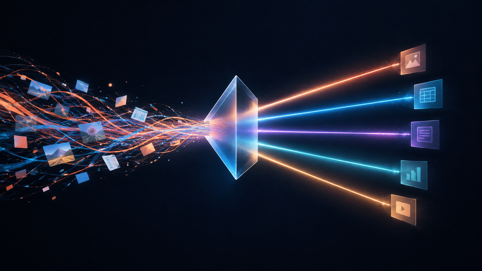 A prism dividing a tangled multicolored input stream into several pure, directed beams of light.
